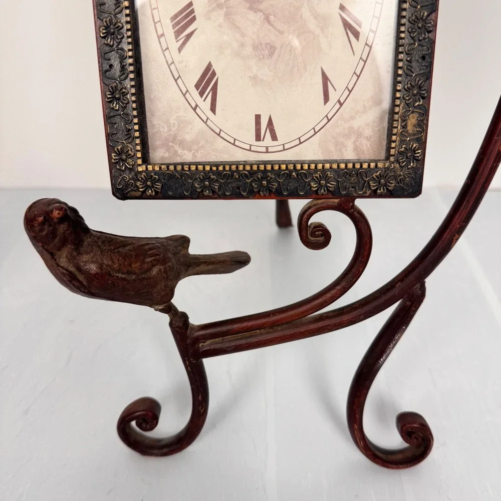 Tabletop Clock Wrought Iron Vintage Shabby Chic Bird Scroll Floral Mantel Decor